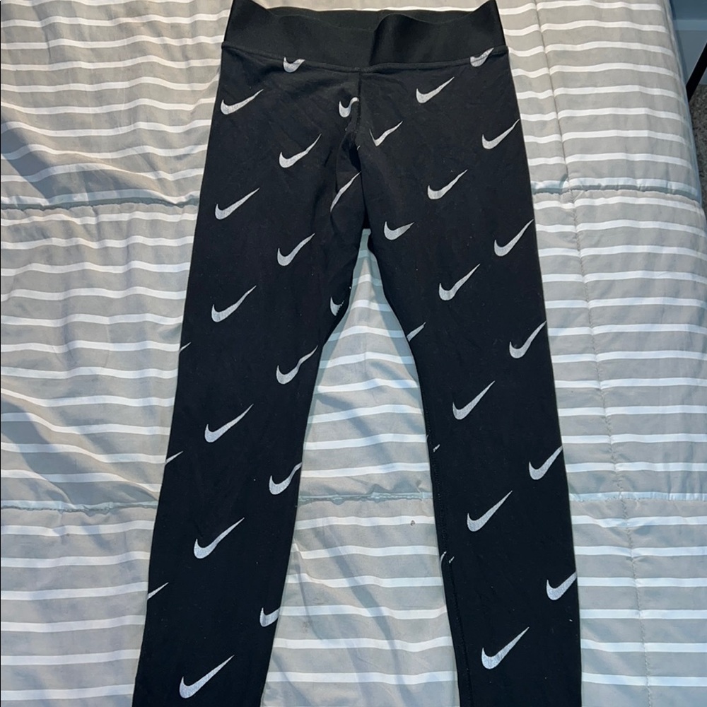 Nike Black and Silver Swoosh Leggings